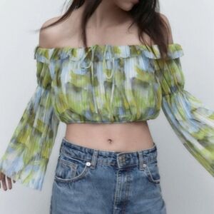 Zara Green and Blue Ruffled Off-Shoulder Crop Blouse